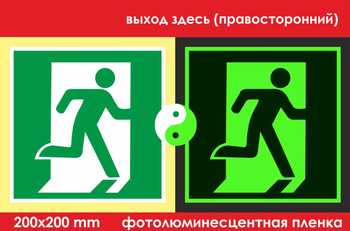 E01-02 выход здесь (правосторонний) (ГОСТ 34428-2018, фотолюминесцентная пленка, 200х200 мм) - Знаки безопасности - Фотолюминесцентные знаки - ohrana.inoy.org